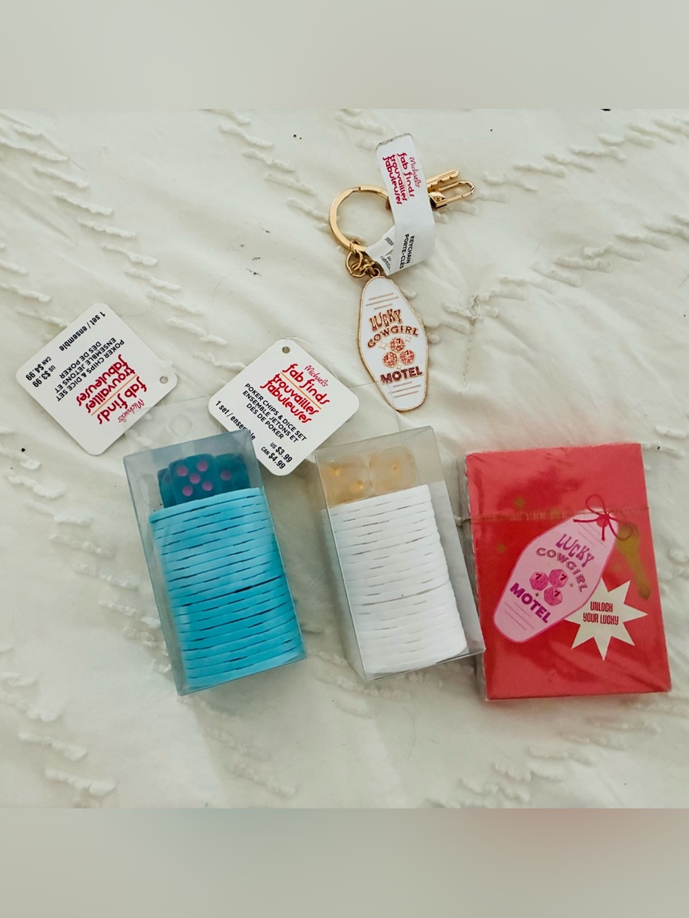 Lucky Cowgirl Motel Keychain & Blue + White dice poker chips deck cards.  New